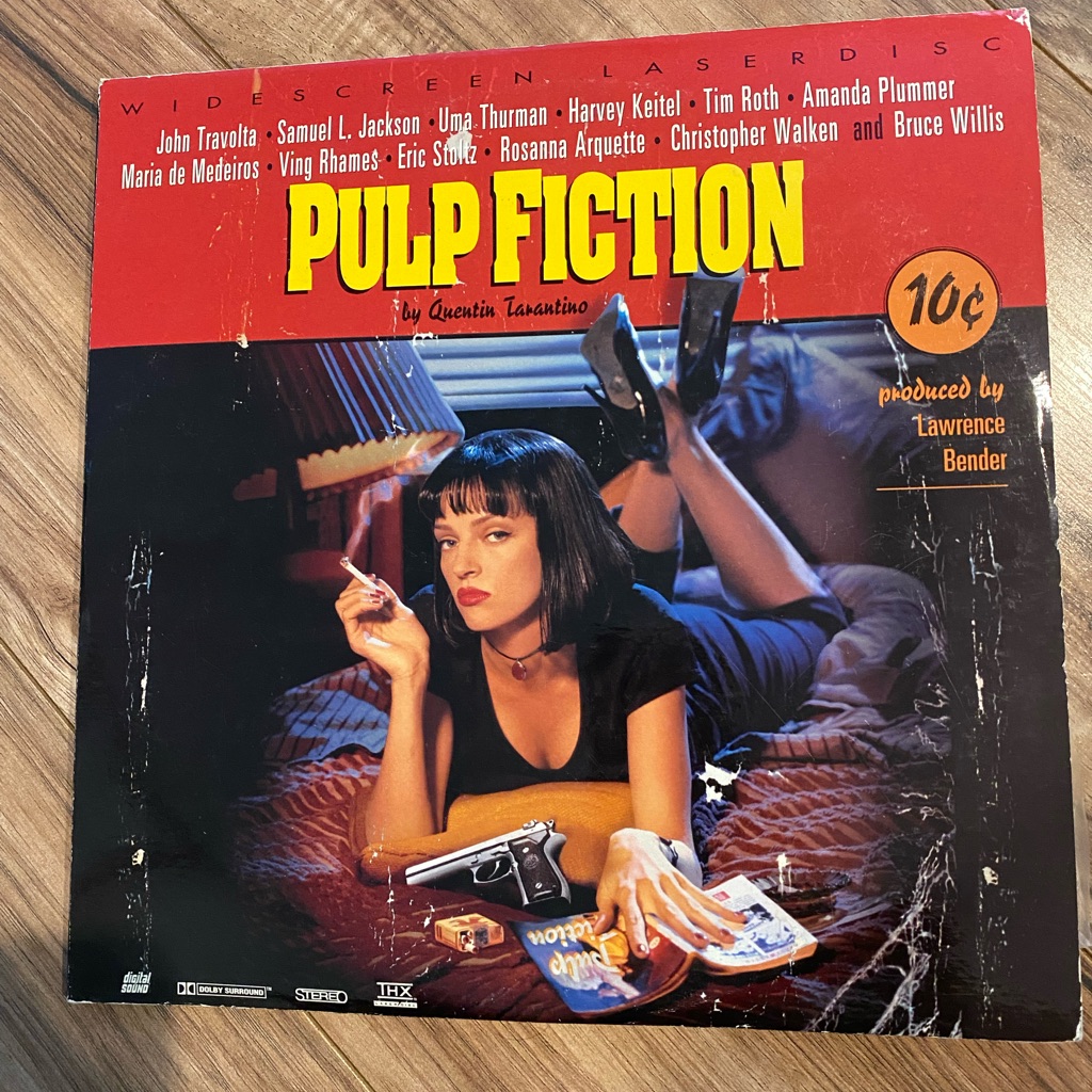 Pulp Fiction LaserDisc sleeve with the full cast list printed across the top of the cover